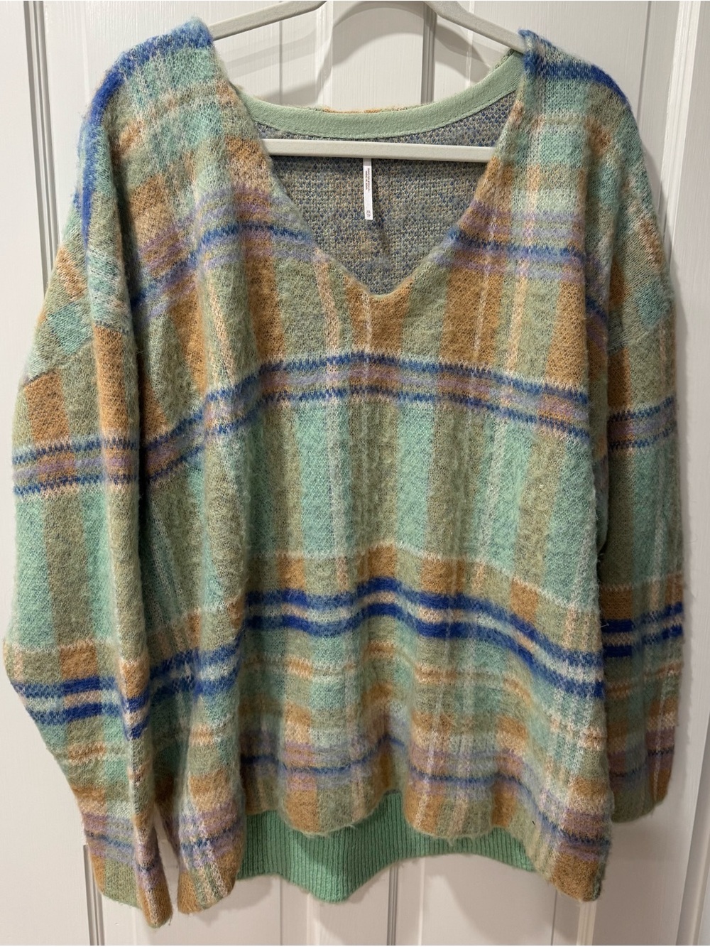 Free People Mint Plaid V-Neck Sweater with Blue and Tan Stripes